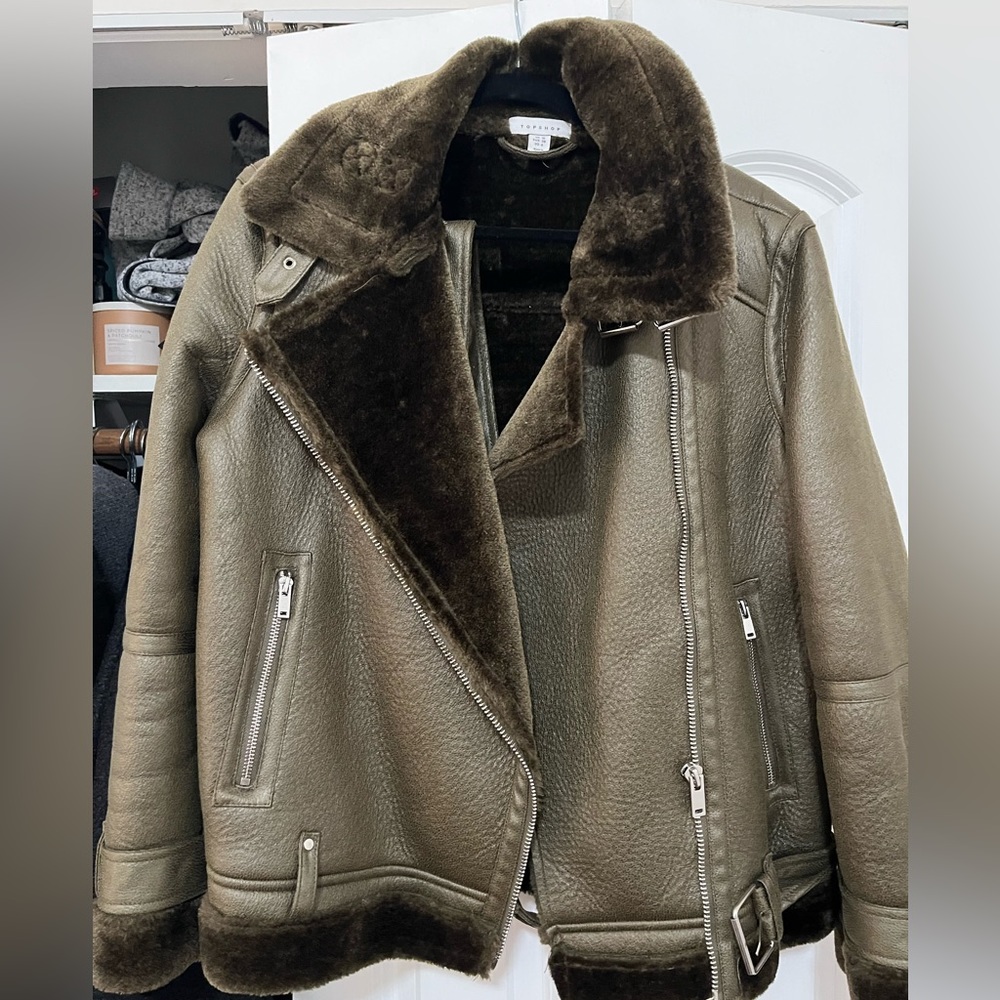 Topshop biker green faux leather